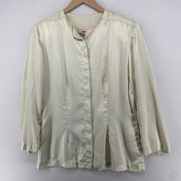 Vtg JOHN YANG Blouse 14 Silk Satin Striped Hidden Button Long Sleeve Off White - Picture 1 of 13